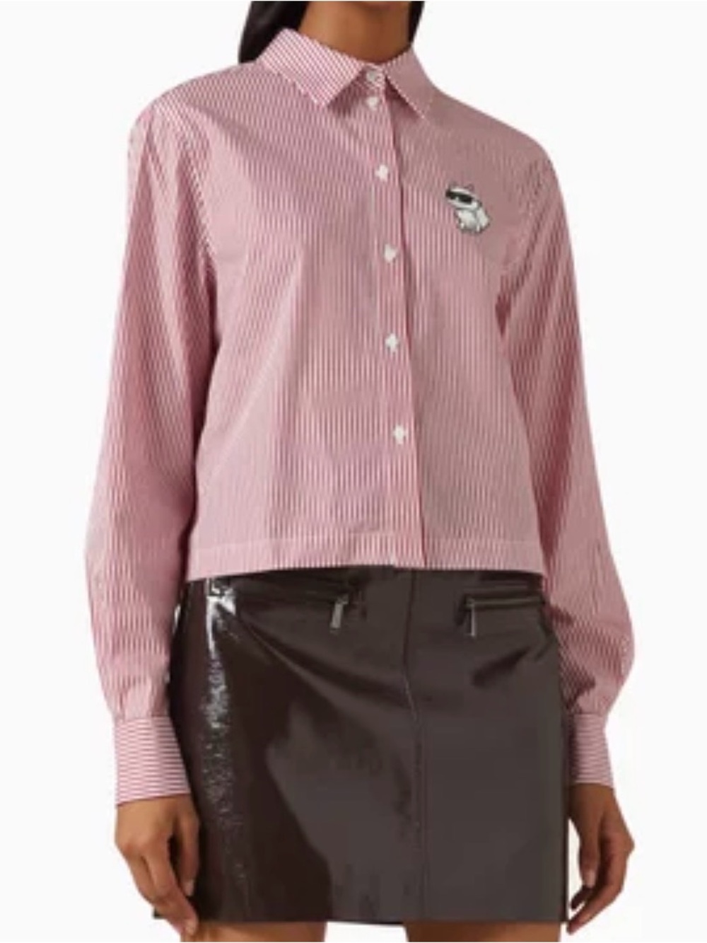 Karl Lagerfeld Pink and White Striped Cropped Shirt with Cat Patch NWT
